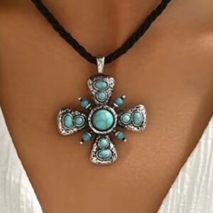 Vintage Bohemian Silver & Turquoise Cross Pendant Necklace